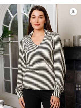Blue Canoe Stripe Pouf Sleeve long-sleeve organic cotton top with a V-neckline S